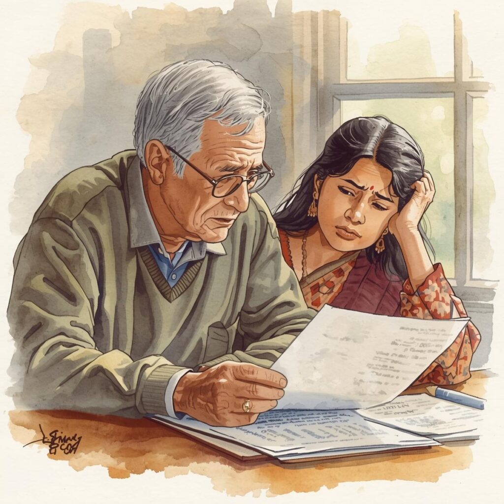 Adult child helping elderly parent with paperwork