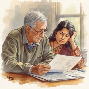 Adult child helping elderly parent with paperwork